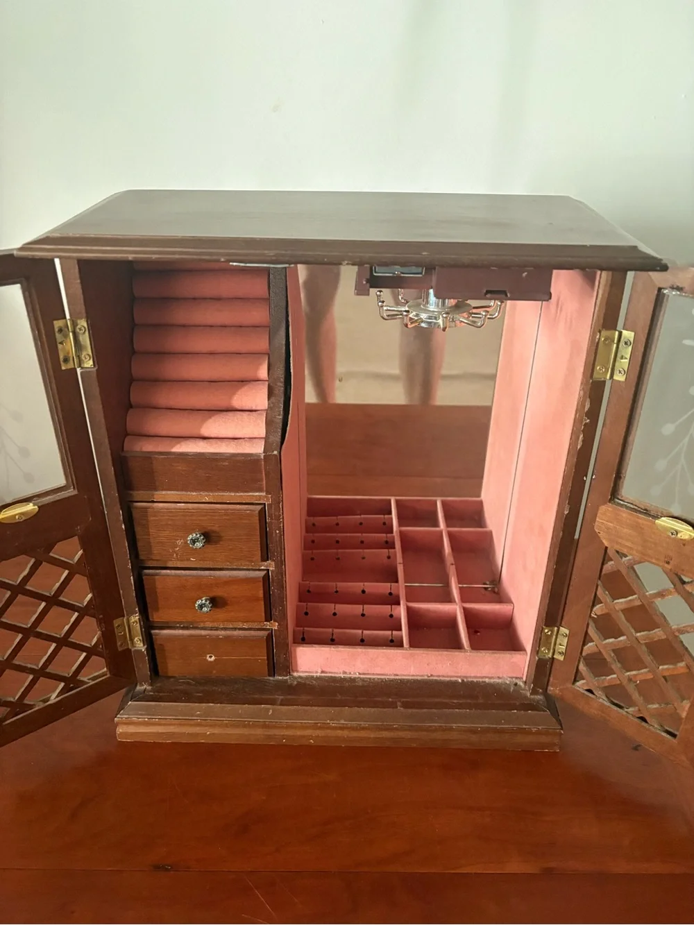 Wood Jewelry Armoire Box Etched Glass Doors Mirror